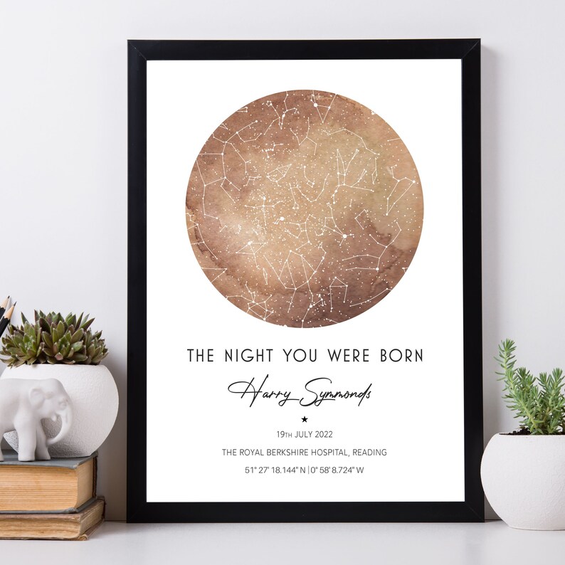 May include: A brown watercolor star map print with white constellations. The print features the text "The night you were born", a name, a date, and a location.