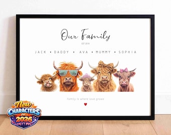 Personalised Highland Cow Family Print | Custom Mum & Children Portrait | Mum/Mummy Mother’s Day Gift | Wall Art | Family Name Print