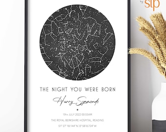 The Nigh You Were Born, Custom Star Map Print, Anniversary Gift, Night Sky, Map Poster, Christening, Personalised, New Baby