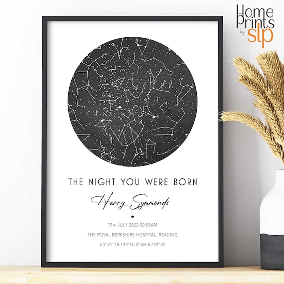 The Nigh You Were Born, Custom Star Map Print, Anniversary Gift, Night Sky, Map Poster, Christening, Personalised, New Baby