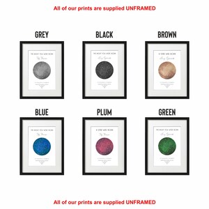 May include: Six framed prints of star constellations with different colored backgrounds. The colors are grey, black, brown, blue, plum, and green. The text on the prints reads "The night you were born" and "A star was born".