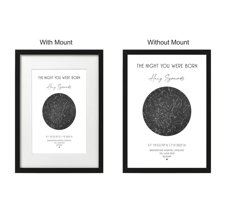 May include: Two black framed prints with white mats showing a star map with the text "The night you were born" and a name. The top print shows the text "With Mount" and the bottom print shows the text "Without Mount".
