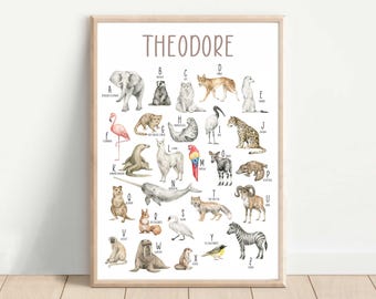 Personalised Animal Alphabet, Childrens Bedroom Gift, Alphabet Name Initial, Family Print, Christmas Gift, Birthday Gift, Kids Birthday
