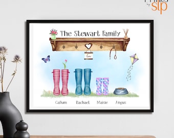Our Family Print, Personalised Welly Boot Print, Custom Family Illustration, New Home Gift, Unique Gift For Him, Personalised Portrait