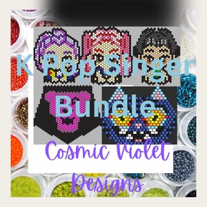 Puede incluir: Un paquete de diseños digitales con retratos de cantantes de KPop en pixel art y una cara de gato. El texto incluye "KPop Singer Bundle", "Cosmic Violet" y "Designs". La imagen está rodeada de recipientes con cuentas de colores.