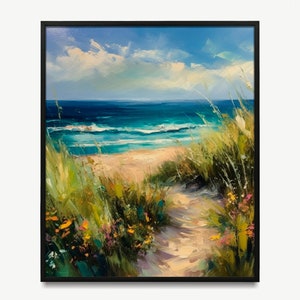 May include: A painting depicting a path leading to a beach with blue water and a bright blue sky with white clouds. The path is lined with green grass and wildflowers.