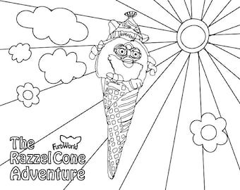 Feuille de livre de coloriage en fourrure numérique / imprimable « The Razzel Cone Adventure » Crème glacée Volant Fun Étrange Cadeau Art numérique Psychédélique