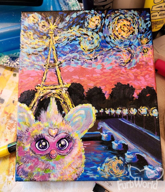 Furby 2023 Tribute Parody Painting Furby Starry Night in Paris  Impressionist Acrylic on Canvas 