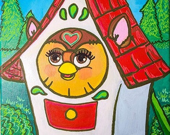 Hand - Painted Hootsi-Furb Hooty Furby Tribute Hybrid Painting Owl House Parody Art