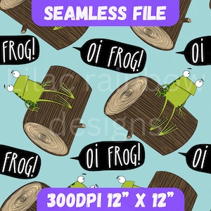 以下が含まれることがあります： 「Oi Frog!」の吹き出しが付いた、茶色の丸太にカエルの漫画が描かれたシームレスパターン。背景は水色です。画像には「SEAMLESS FILE」と「300DPI 12インチ X 12インチ（30.48cm x 30.48cm）」の文字も含まれています。