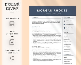 Modern Clean Resume / CV Template, Cover Letter, References for Word and Google Docs | ATS Friendly