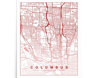 May include: A red and white city map of Columbus, Ohio. The map shows the streets and roads of the city. The text "COLUMBUS" is printed in red at the bottom of the map.
