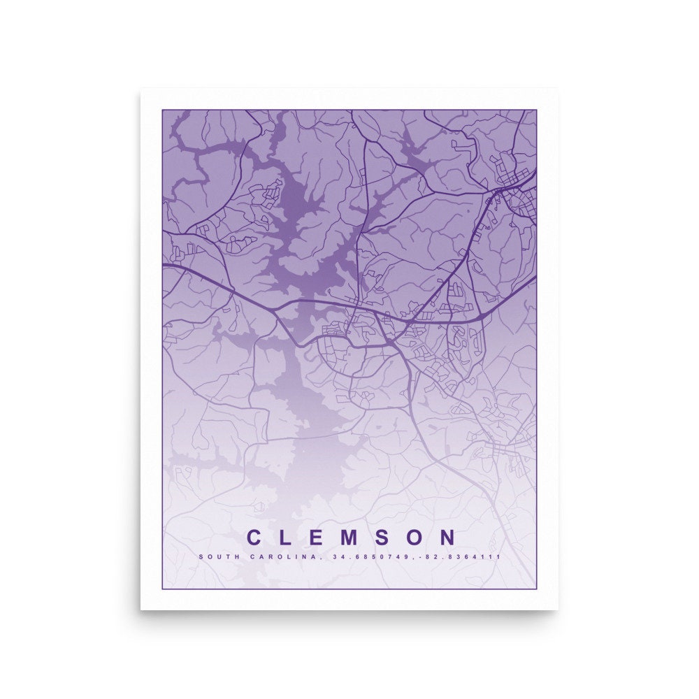 Clemson South Carolina Map Poster 8x10, 16x20 | Clemson Map Art ...
