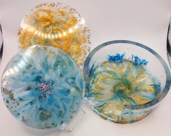 Blue and Gold Resin Coaster Set: Elegant Drinkware with Holder
