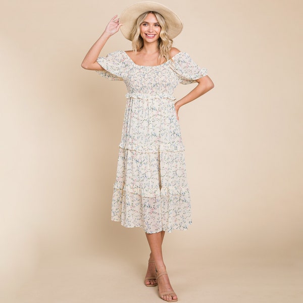 Floral Smocked Tiered Babydoll Midi Dress