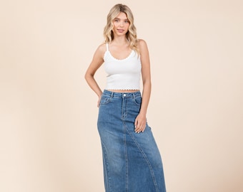 A line Paneled Denim Long Maxi Skirt