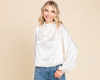 Cowl Neck Long Sleeve Satin Blouse Top