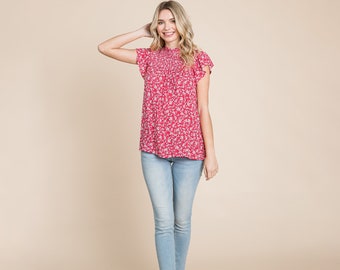 Smocked Neck Flutter Sleeve Floral Printed Tops