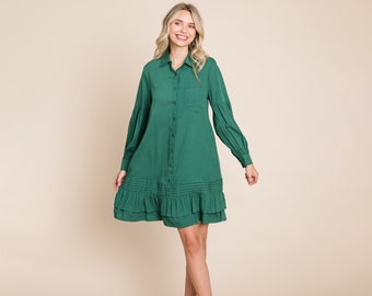 Collared Ruffled Hem Pintucked Shirt Dress