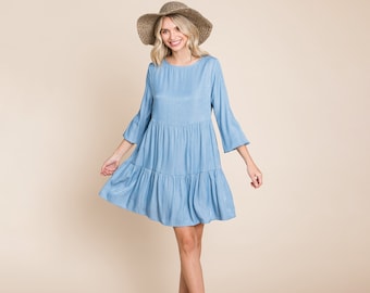 Chambray Pleated Tiered Long Sleeve Dress