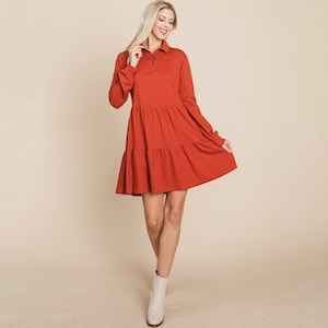 Collared Zipper Front Layered Cotton Shirt Dress