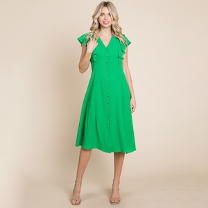 V neck Flutter Sleeve A line Midi Dress