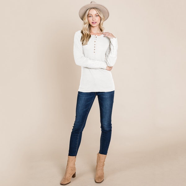 Scalloped Neck Henley Placket Lace Sleeve top