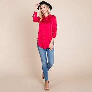 Long Sleeve Satin Button Down Silk Blouse Shirts