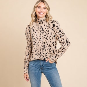 Leopard Print Long Sleeve Cowl Neck Shirts Blouses