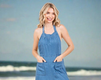 Chambray Open Back Halter Neck Wide Leg Jumpsuit