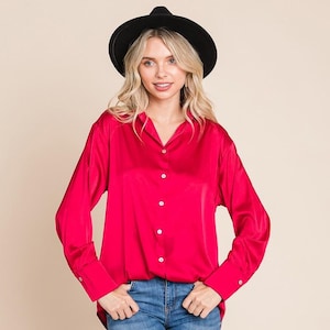 Collared Satin Button Down Blouse Shirts