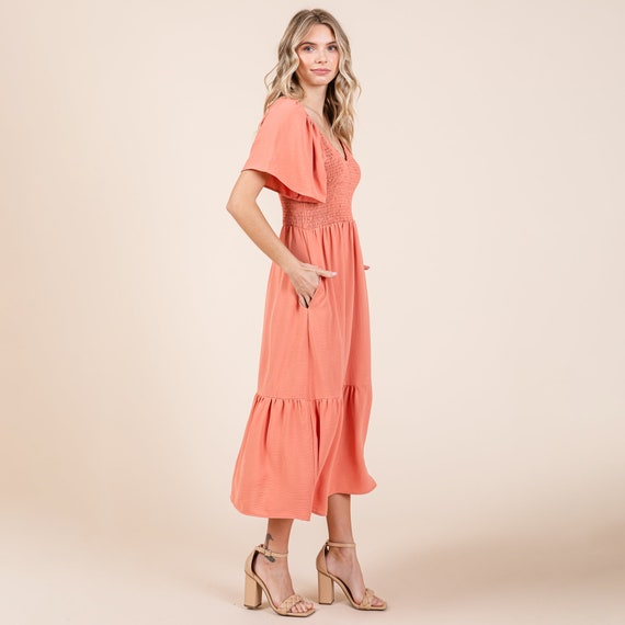knee length dresses for ladies V Neck Ruffle Sleeve Midi Dress – SwimGirlsBoutique main image 0