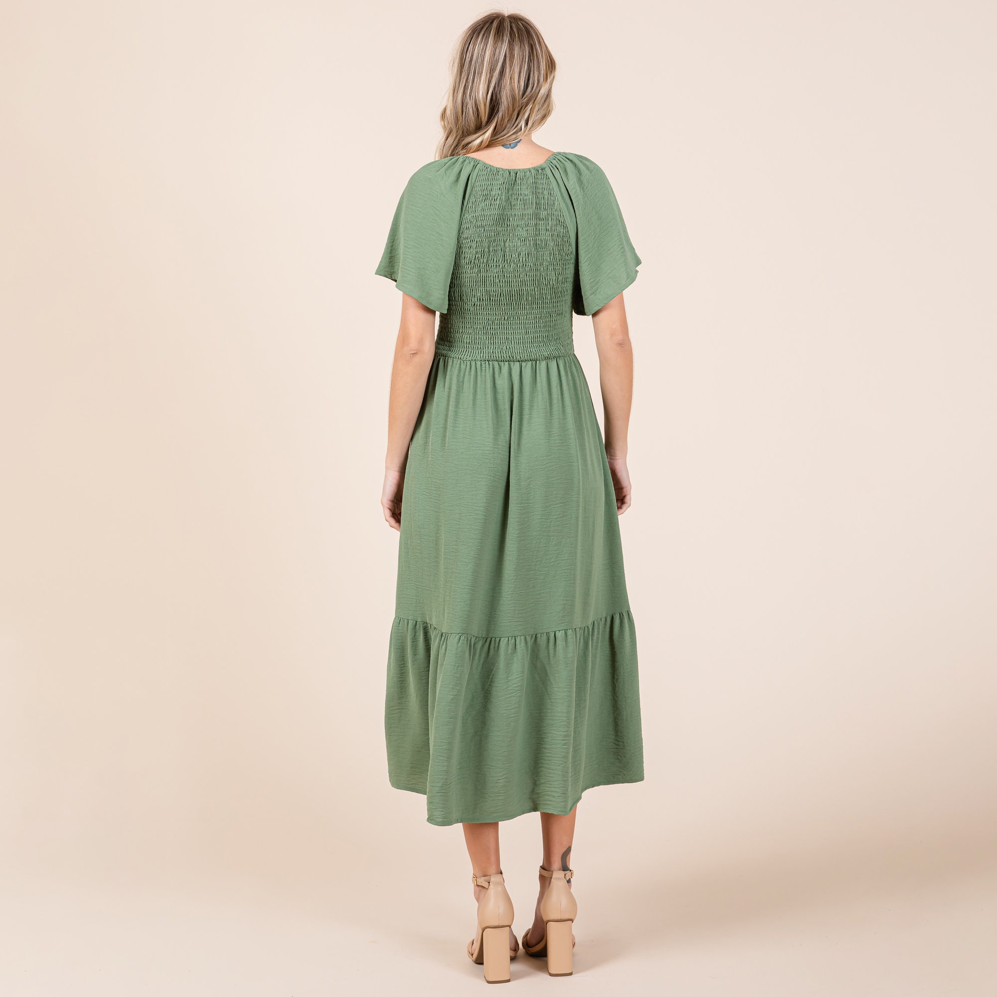 Smocked V Neck Flutter Sleeve Tiered Midi Dress