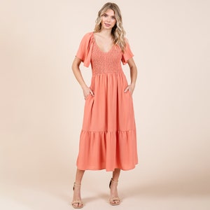 Smocked V Neck Flutter Sleeve Tiered Midi Dress