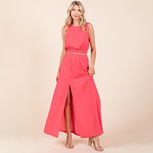 Linen Crop Top and Split Thigh Maxi Skirt Set