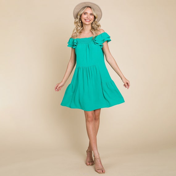 Smocked Ruffle Sleeve Off Shoulder Dress