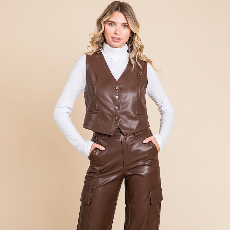 Tailored Faux PU Leather Vest Brown