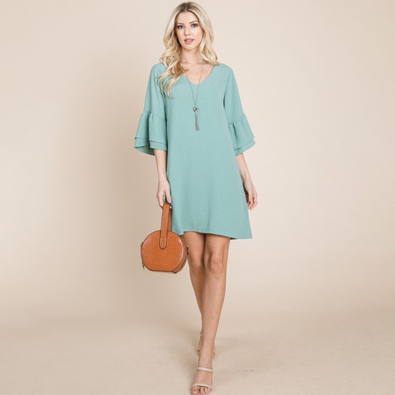 V neck Flounce Ruffle Sleeve Tunic Shift Dress V neck Flounce Ruffle Sleeve Tunic Shift Dress