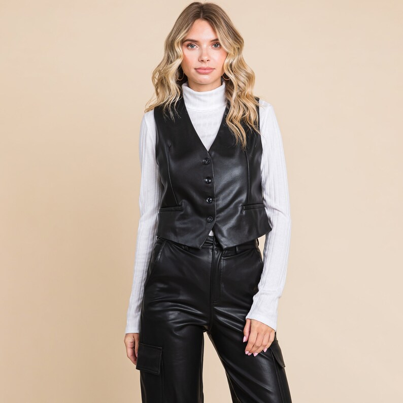 Tailored Faux PU Leather Vest Black