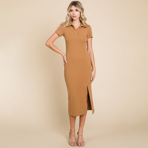 Collared Side Split Ribbed Bodycon Midi Dress