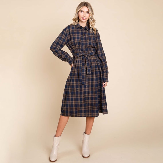 Long Sleeve Plaid Belted Flannel Shirt Dress - Etsy