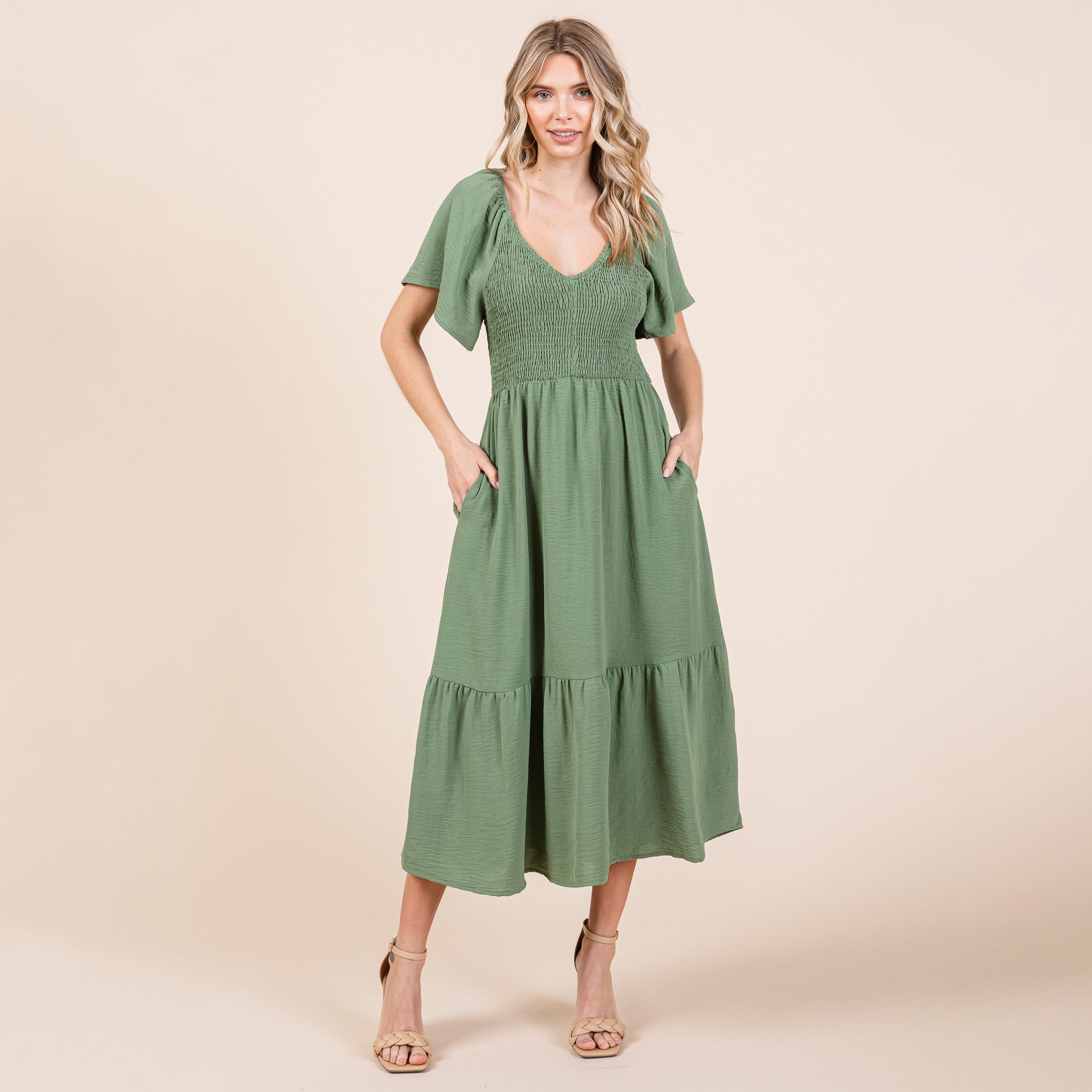 Smocked V Neck Flutter Sleeve Tiered Midi Dress