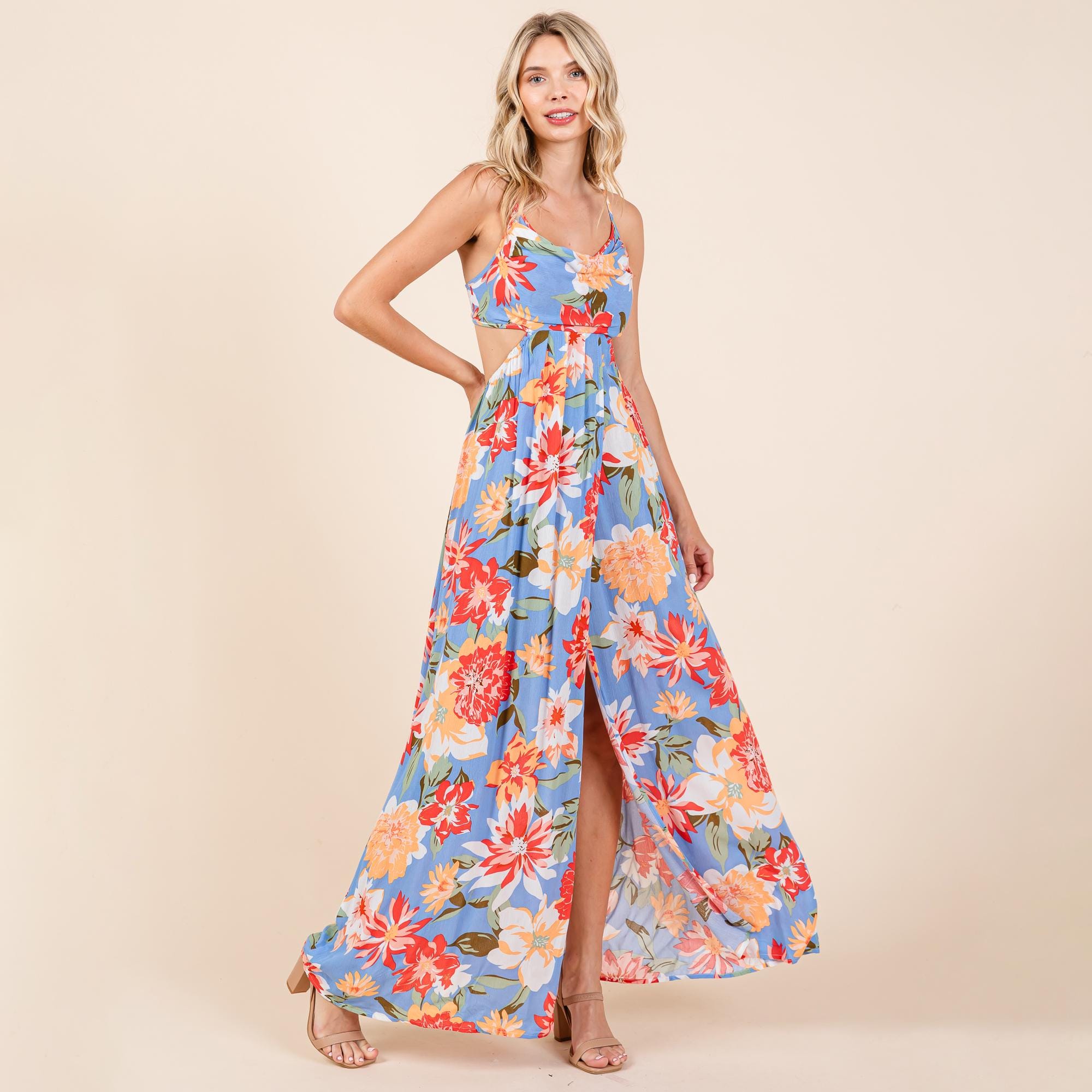 Flower Print Open Back Split Front Maxi Dress - Etsy Israel