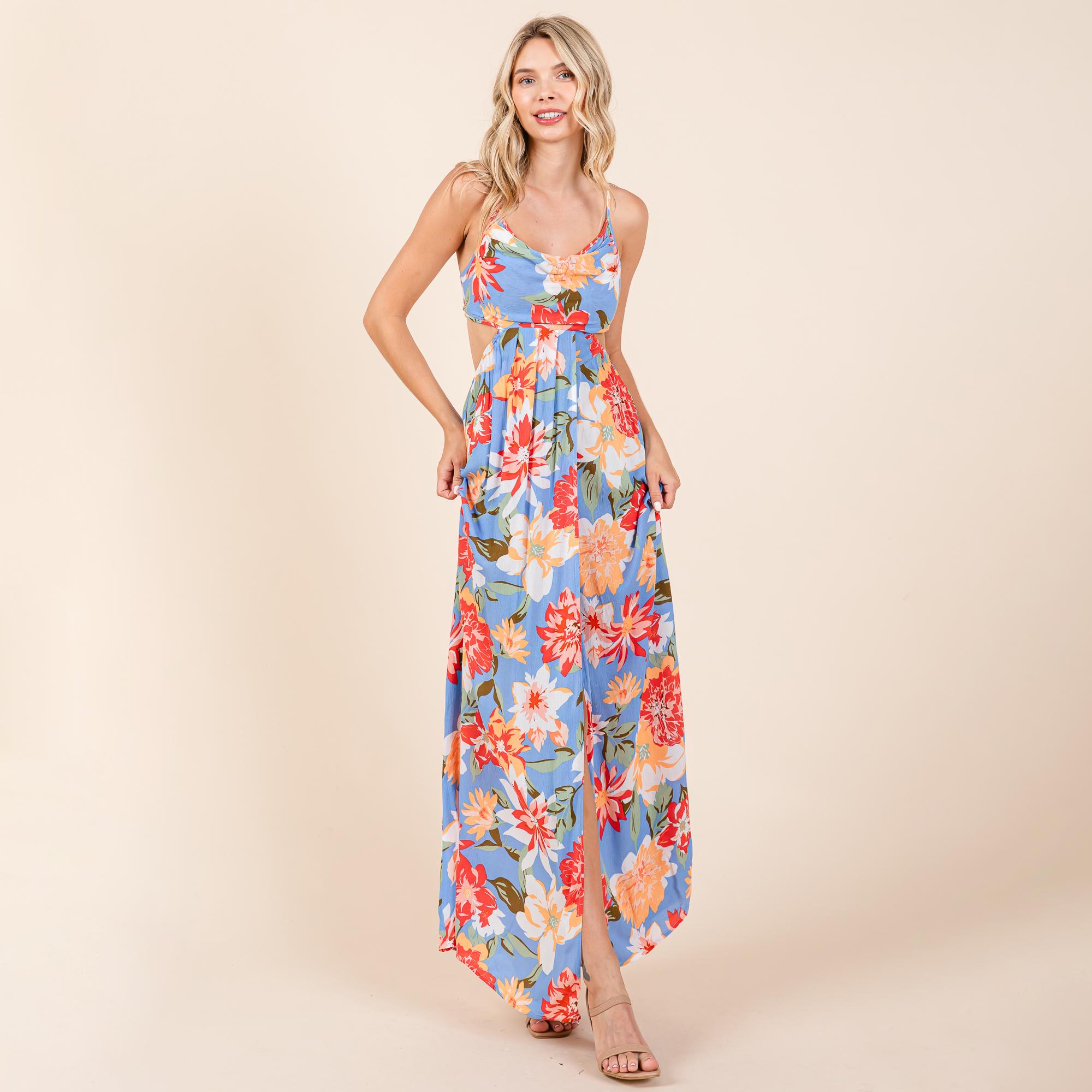 Flower Print Open Back Split Front Maxi Dress - Etsy