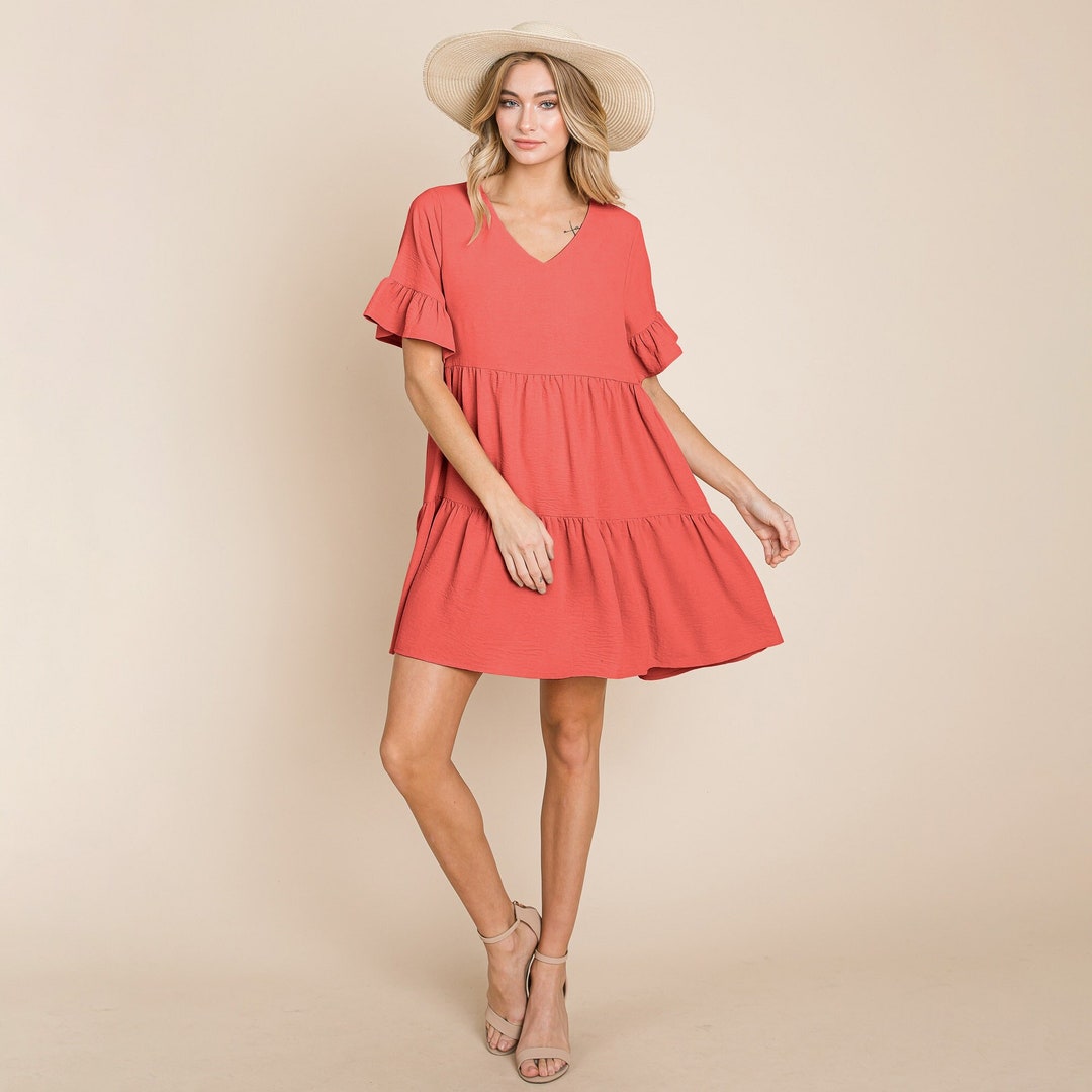 Pleated V-neck Flutter Sleeve Ruffles Chiffon Dress Peach