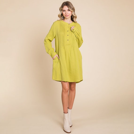 Long Sleeve Double Gauze Henley Tunic Cotton Dress Long Sleeve Double Gauze Henley Tunic Cotton Dress