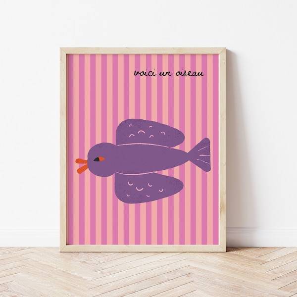 Bird art printable, Chic Nursery printable, French Nursery Art,Kids wall art print,Purple bird printable