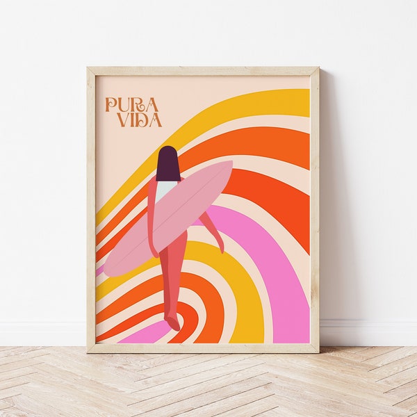 PURA VIDA Surf Poster, Female Surfer Print, Beach Decor, Surfer Art, Pura Vida Art, Surfer printable, Beach life print, DIGITAL Download