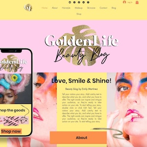WIX Website Beauty Blog, Wix template Golden Life, Wix hair website theme, Website design, Creative wix layout, Ecommerce
