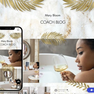 WIX Website Template, Lifestyle Coach theme, Podcast Blogger, Influencer template, Gold tropical leaves Website design, Creative wix layout
